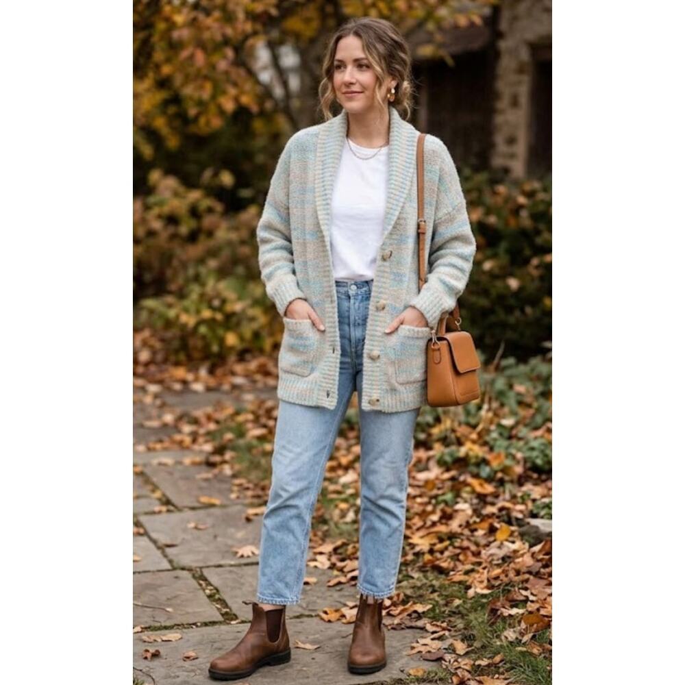 NEW Pilcro Anthropologie Wool Blend Sweater Blue Motif Floral Grandpacore Large